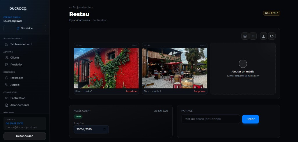 Capture d'écran de l'espace admin Ducrocq Prod : ajout de médias dans un projet client, avec gestion d'accès et partage par mot de passe.